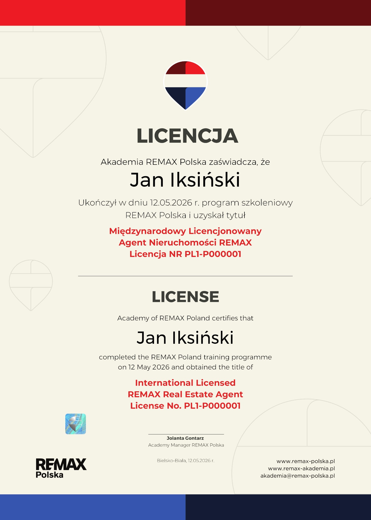 Wzór świadectwa licencji RE/MAX